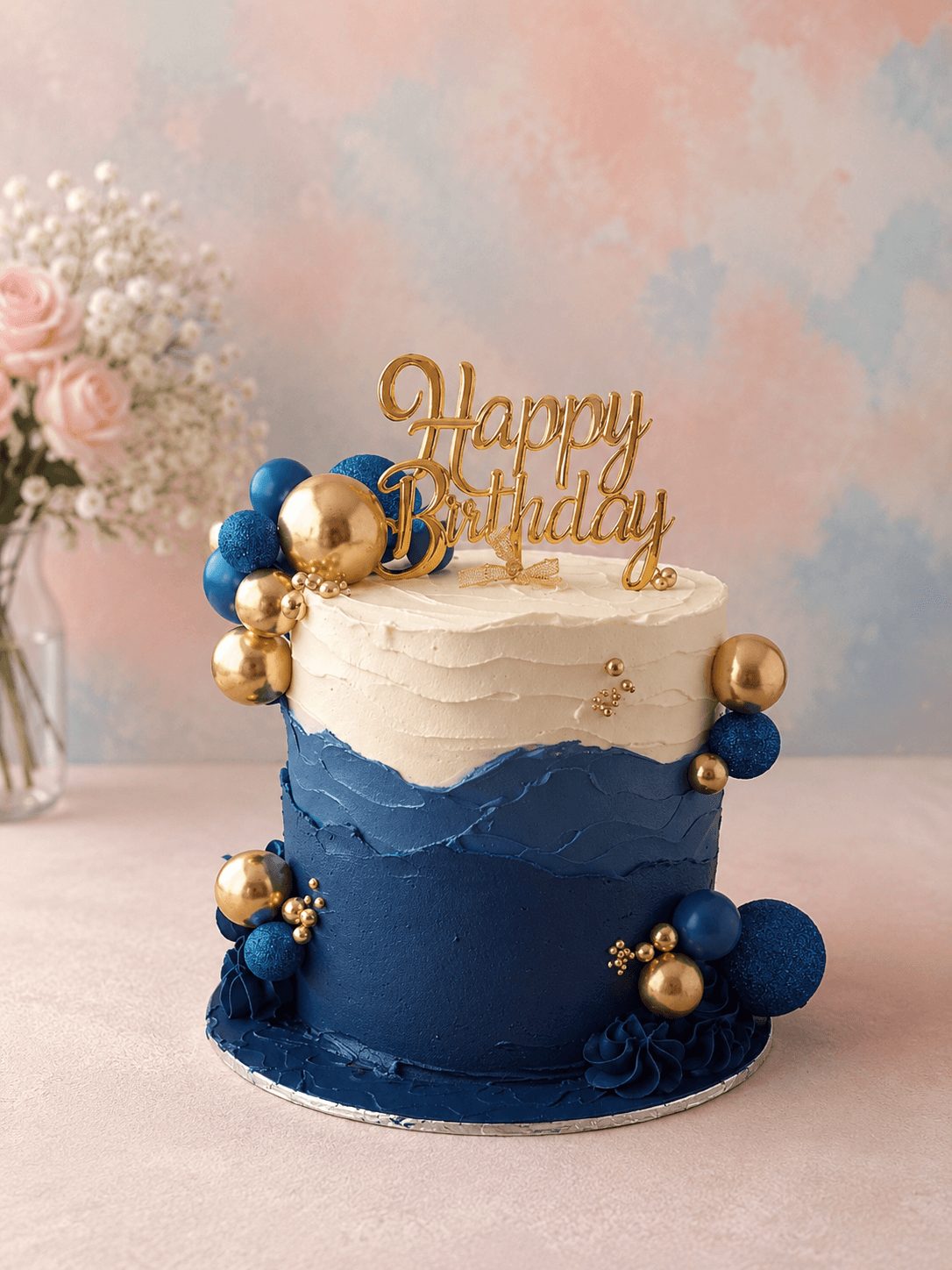 A blue and gold birthday cake