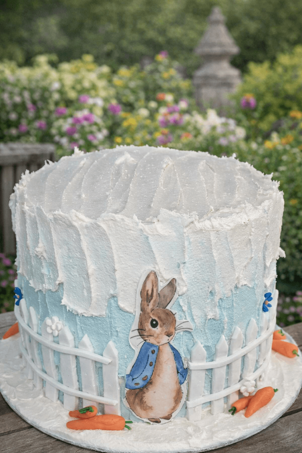 A bunny-themed garden celebration cake